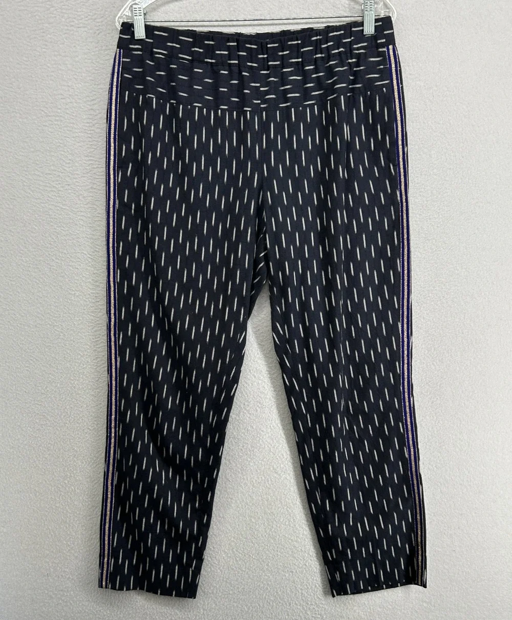 J.CREW Pants Womens 10 Pull On Ikat Cropped Metallic Tux Stripes Cotton Blue
